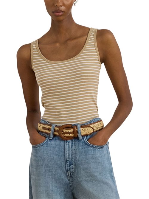 canotta donna rigata bianco e cammello Ralph Lauren | 200P09099001